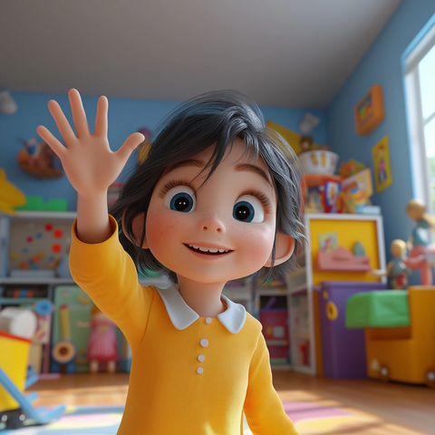 玩具房间里的女孩挥手