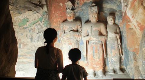 母子参观石窟佛像雕刻