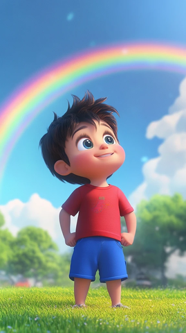 男孩仰望彩虹绿草地