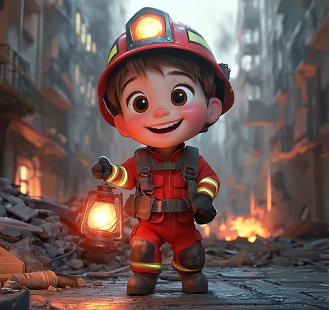 小男孩穿消防服握灯笼