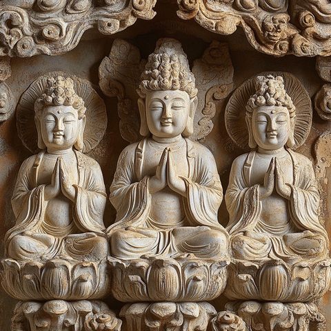 三尊佛像雕塑姿态端庄神情宁静祥和