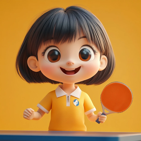 小女孩打乒乓球卡通场景