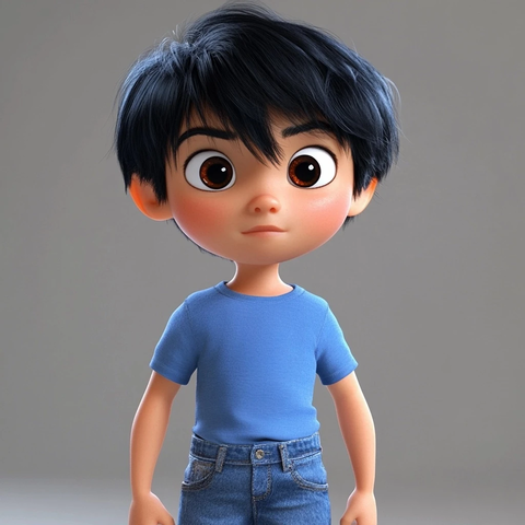 黑发男孩穿蓝衣牛仔裤