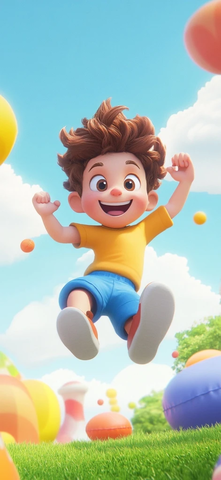 男孩跳跃在彩色充气浮床上