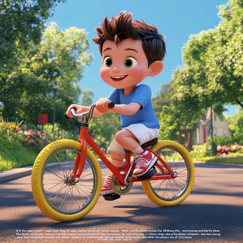 男孩骑红自行车在绿树花丛中