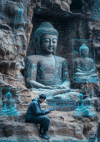 男子在大佛雕像前专注阅读的场景