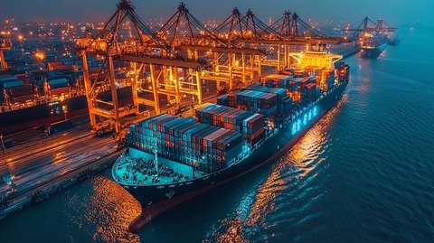 货船停靠港口蓝光映照