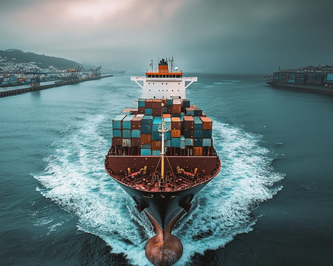 货船装载集装箱靠港