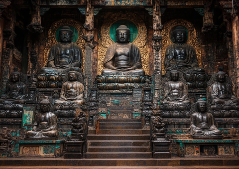 古寺内精美的佛像雕塑群像