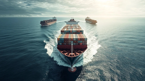 货船队列海上行驶场景