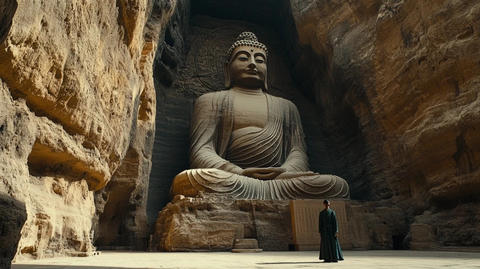 巨大佛像前站着一人的震撼景象