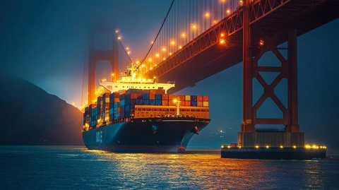 货轮穿越大桥夜景