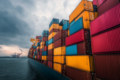 货轮停靠港口装卸货物