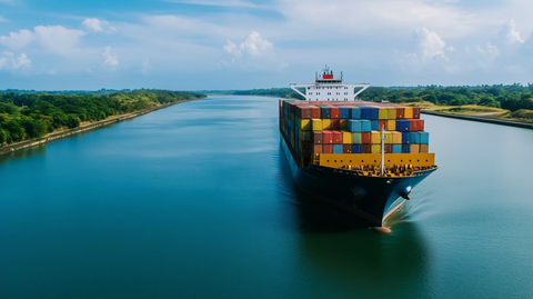 集装箱船穿越运河水面平静