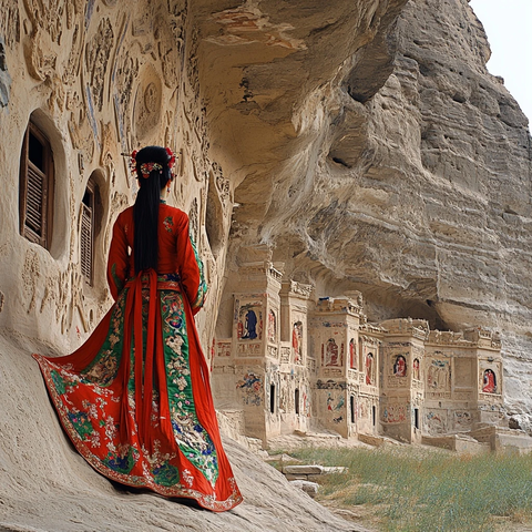 身穿传统服饰的女子站在石窟前