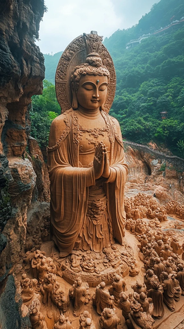 山间大型佛像雕塑全景