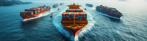 大型货船与高速小艇海上场景