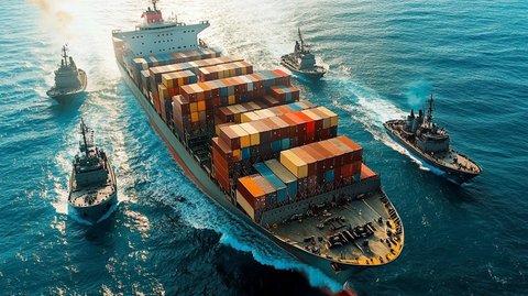 大型货船与海军舰队海上演练