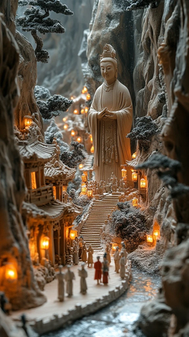 山间巨型佛像旁的灯火村庄景象