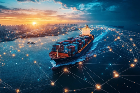 发光线条环绕地球与货船