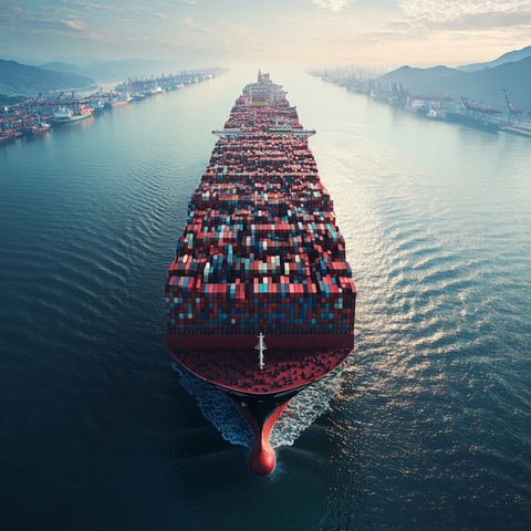 大型货轮满载红色集装箱进港