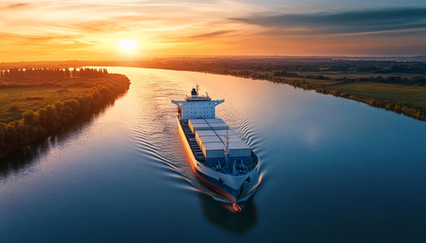 白色货船蓝色条纹河流航行