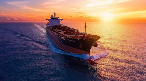 大型货船航行晨曦海面