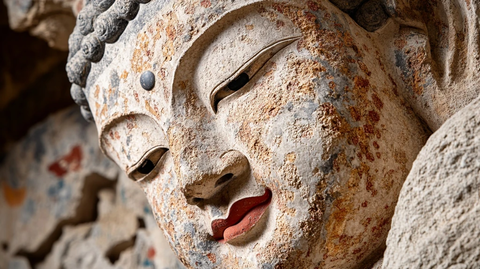 斑驳佛像面部特写尽显历史沧桑感