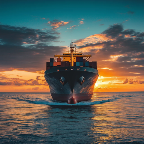 海上货船日落景象