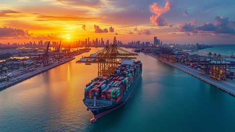 货轮映衬城市天际线