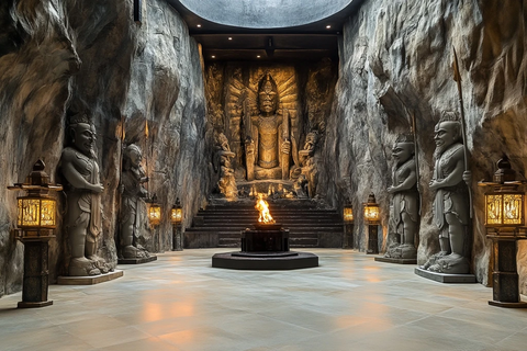 洞穴内的佛像雕塑及中间的火焰景观