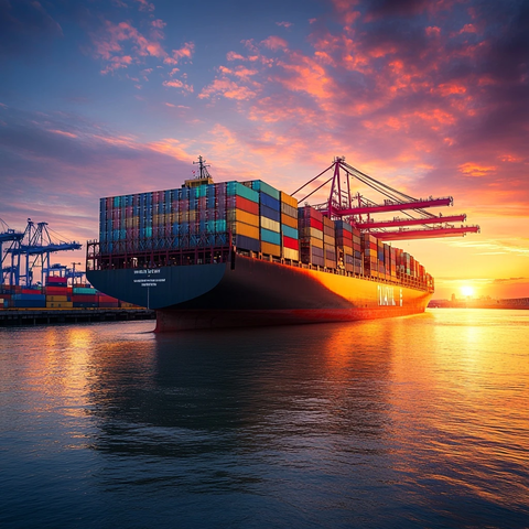 货轮码头夕阳全景