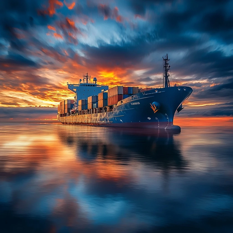 货船晚霞蓝色货轮