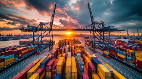 大型货轮与集装箱装卸场景