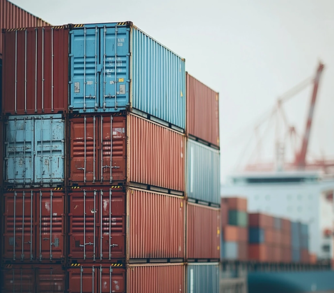 蓝色条纹集装箱与货船