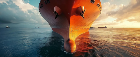 大型橙色货轮侧面特写