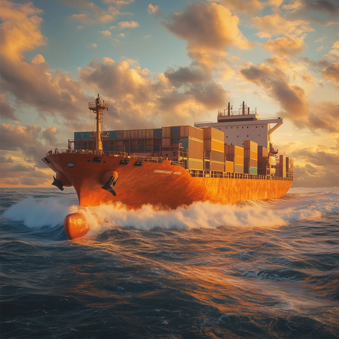 橙色货船驶过波浪海洋