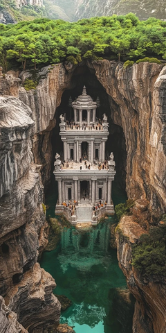 山间峡谷中神秘古老的建筑