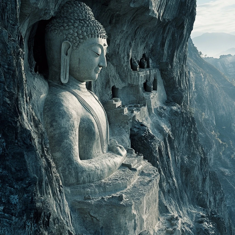 山崖上的大佛雕像壮观景象