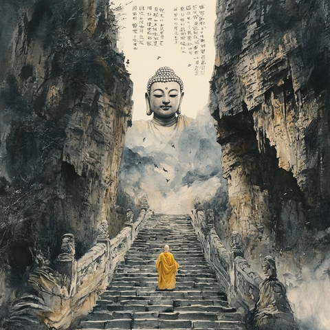 僧人独自行走在大佛前的石阶上