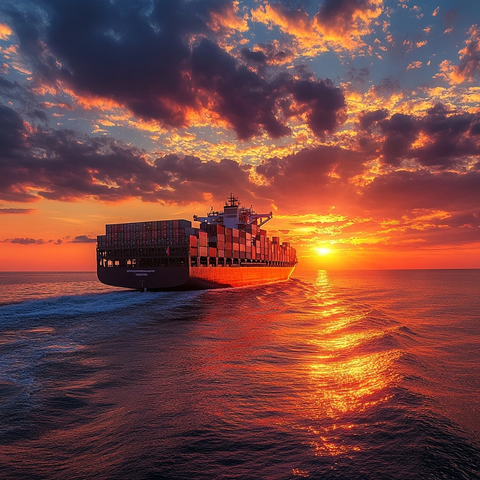 船只航行海洋波浪夕阳