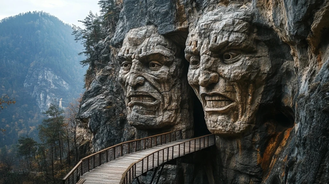 山间带有人脸雕刻的栈道