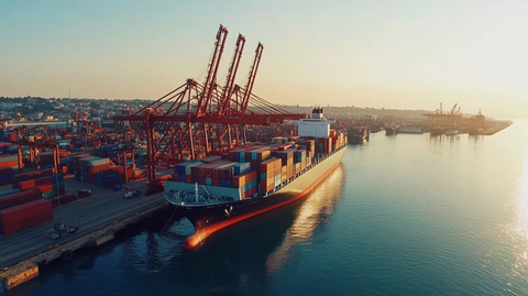 集装箱船与起重机作业全景