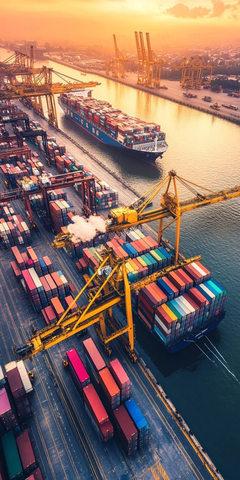 港口货船集装箱与起重机