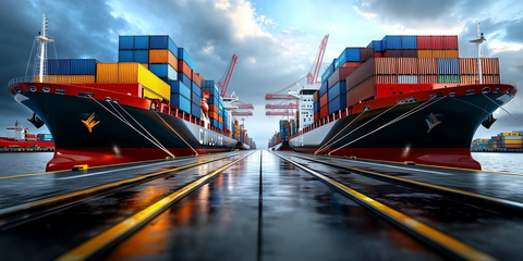 港口货柜堆叠晨雾反射