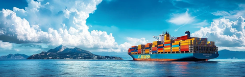 大型货轮航行海面岛屿远方