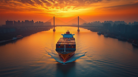 货船运载集装箱桥下航行