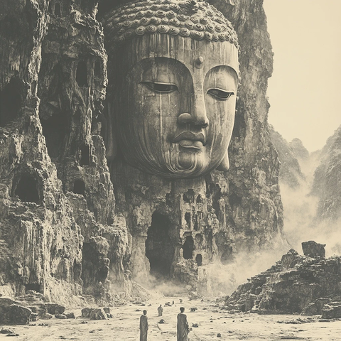 巨大佛像前有人行走的震撼场景