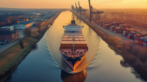 货运船穿越狭窄运河