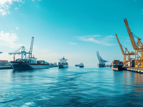 深蓝海洋与繁忙港口景象